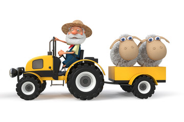 3d illustration farmer's tractor with lambs
