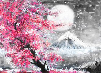 oil painting landscape with sakura and mountain, hand drawn illustration, Japan