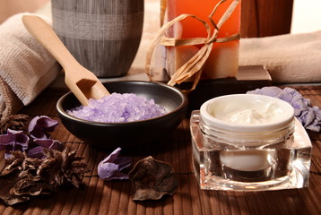 Spa still life with soap, bath salt, cream,towel,candles