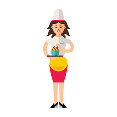 Vector Beautiful female chef with delicious dessert. Flat style colorful Cartoon illustration.