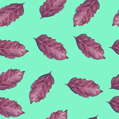 Seamless pattern with violet basil leaf. Blue background. Textile, cover, wrapping, weave, case design.