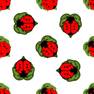 Red ladybugs on leaves seamless pattern