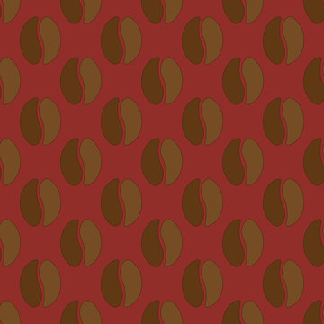 Coffee beans seamless pattern on red background