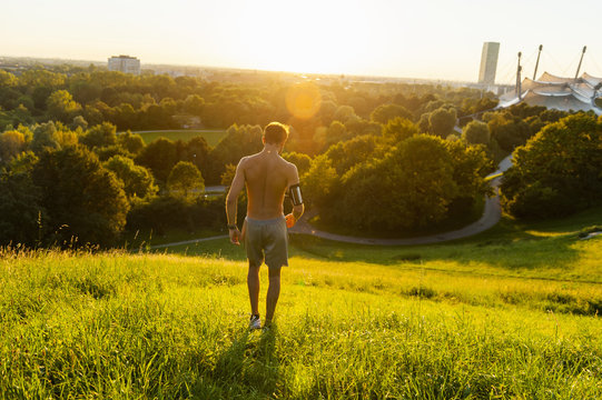 Bare chested athlete on meadow in park at sunset