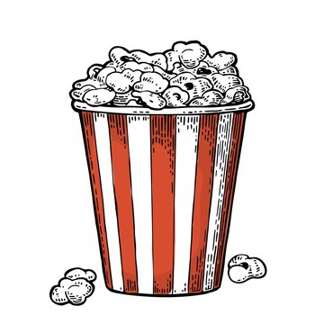 Carton Bucket Full Popcorn. Vector Black Vintage Engraving Illustration