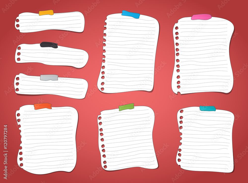 Poster cut ruled notebook, note paper sheets with colorful sticky tape on red background