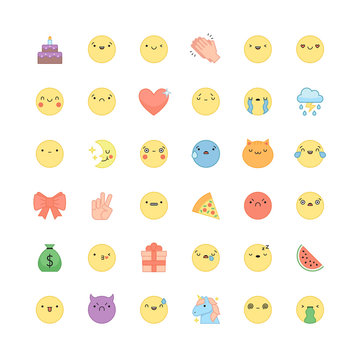 Emoji outline icon vector set. Cute emoticons and symbols.