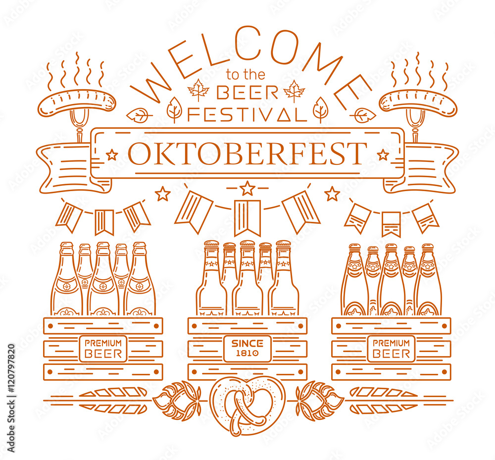 Wall mural Oktoberfest design. Welcome to the beer festival. Premium beer. Line icons and lettering for Oktoberfest. Vector illustration