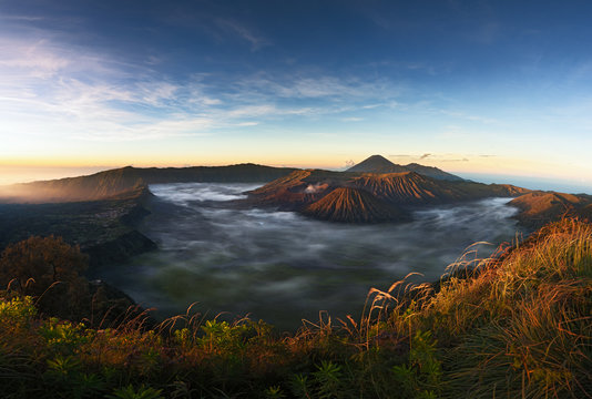 Mount Bromo volcano during sunrise, the magnificent view of Mt. Bromo located in Bromo Tengger Semeru National Park, East Java, Indonesia.
