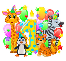 Obraz na płótnie Canvas First birthday composition cute animals