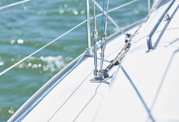 close up of sailboat or sailing yacht deck in sea