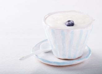 Yogurt,homemade in a ceramic bowl on a white background.Breakfast.Healthy food or diet concept.selective focus.