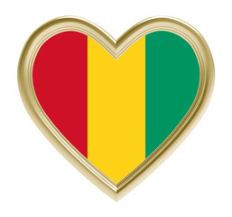 Guinea flag in gold heart isolated on white background. Computer generated 3D photo rendering.