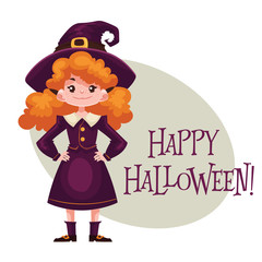 Happy girl dressed as witch for Halloween, cartoon style vector illustration isolated on white background. Little witch fancy dress idea. Trick or treat Halloween card