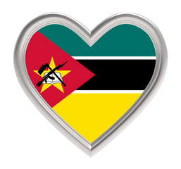 Fototapeta premium Mozambique flag in silver heart isolated on white background. 3D illustration.