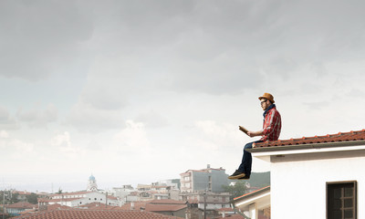 Hipster guy with book . Mixed media