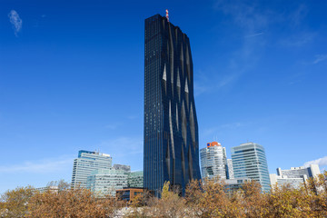 View on financial district in Vienna with black tower