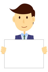 ボードを両手で持っているスーツを着た若い男性