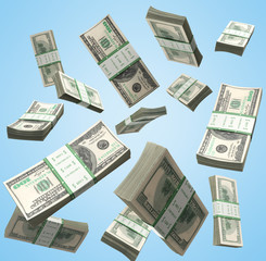 flying a pack of dollar bills 3d render on blue background