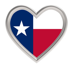 Texas flag in silver heart isolated on white background. 3D illustration.