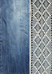 Jeans and lace. Background with denim and handmade lace. Vintage background with lace and denim...