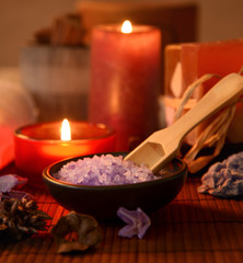 Spa still life with soap, bath salt, cream,towel,candles