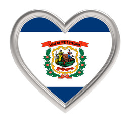 West Virginia flag in silver heart isolated on white background. 3D illustration.
