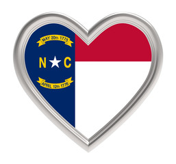 North Carolina flag in silver heart isolated on white background. 3D illustration.