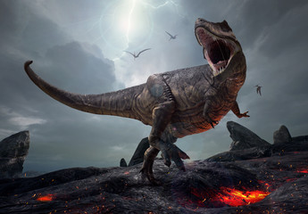 3D rendering of the king of dinosaurs, Tyrannosaurus Rex, in a harsh prehistoric world. - obrazy, fototapety, plakaty