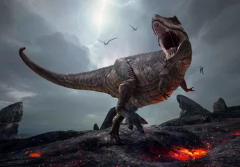 Deurstickers 3D-weergave van de koning van dinosaurussen, Tyrannosaurus Rex, in een harde prehistorische wereld. © Herschel Hoffmeyer