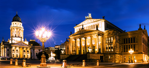 Night panoramic. Gendarmenmarkt square with German Cathedral