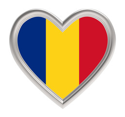 Romanian flag in silver heart isolated on white background. 3D illustration.