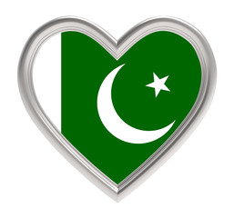 Pakistan flag in silver heart isolated on white background. 3D illustration.