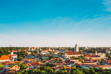 Fototapeta premium Sunset Sunrise Cityscape Of Vilnius, Lithuania In Summer. Beautiful Panoramic View