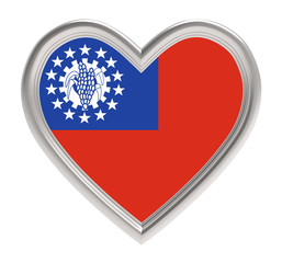 Myanmar flag in silver heart isolated on white background. 3D illustration.