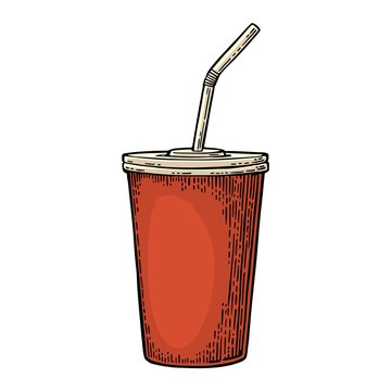 Paper red cup with straws for cola. Isolated on white background.