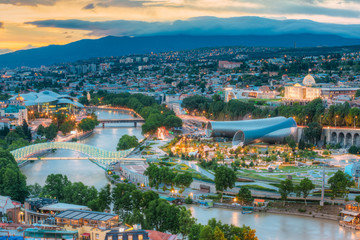 Scenic Top View Of Tbilisi Georgia, Famous Landmarks In Evening 