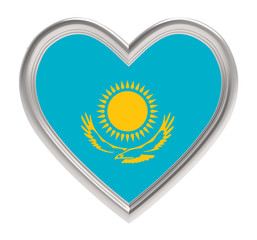 Kazakh flag in silver heart isolated on white background. 3D illustration.