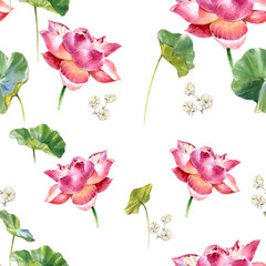 Watercolor illustration painting of leafs and lotus , seamless pattern on white background