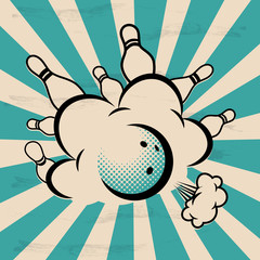 Vector pop art bowling illustration on a vintage background. Strike.
