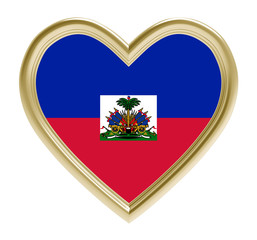 Haiti flag in golden heart isolated on white background. 3D illustration.