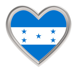 Honduras flag in silver heart isolated on white background. 3D illustration.