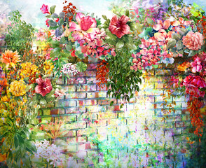 Fototapety  Streszczenie kwiaty na ścianie akwarela malarstwo. Wiosenne wielokolorowe kwiaty