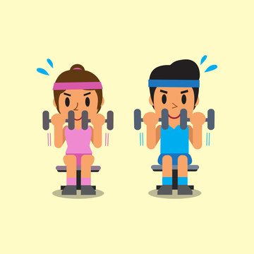 Cartoon man and woman doing dumbbell curl exercise