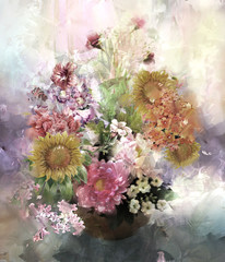 Bouquet of multicolored flowers watercolor painting style - obrazy, fototapety, plakaty