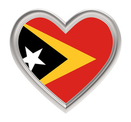 East Timor flag in silver heart isolated on white background. 3D illustration.