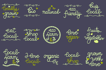 Big Set of eco logo, labels for cafe, farmers market, festival, shop, local marketing. Buy local, vegan, natural, fruits, vegetables, local.
