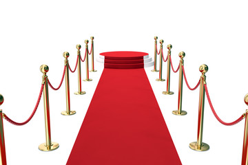 Red carpet with golden barrier and ropes. Stairway to speak. 3d illustration
