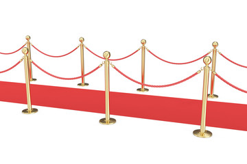 Gold stanchions and a red velvet carpet isolated on white. 3d illustration