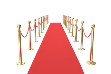 Red velvet carpet in studio with gold barrier. 3d illustration